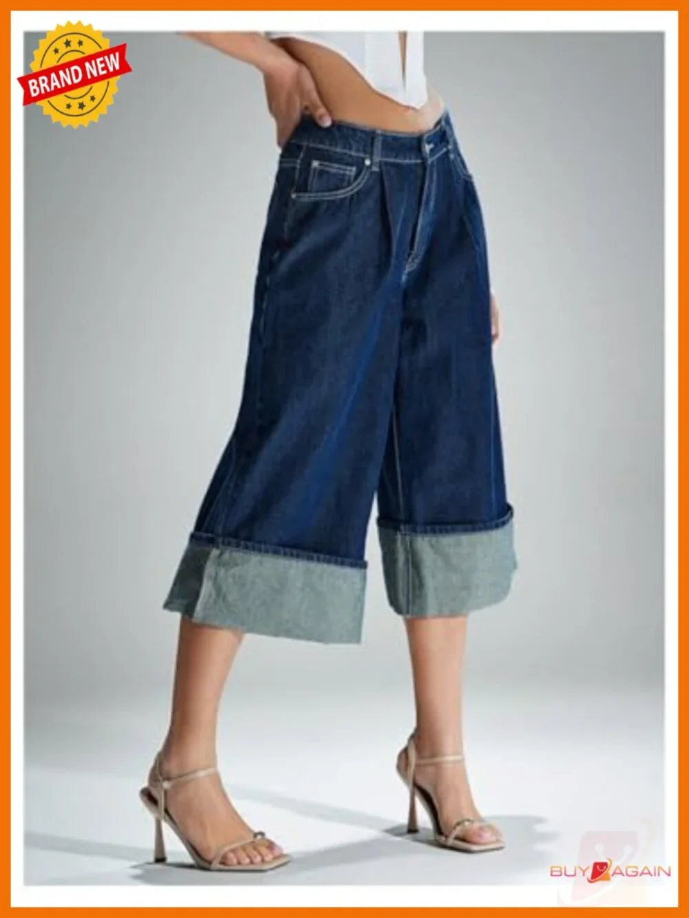 Wide Leg Low Rise Bermuda Denim Shorts Pleated Cuffed Hem Casual Jean Shorts